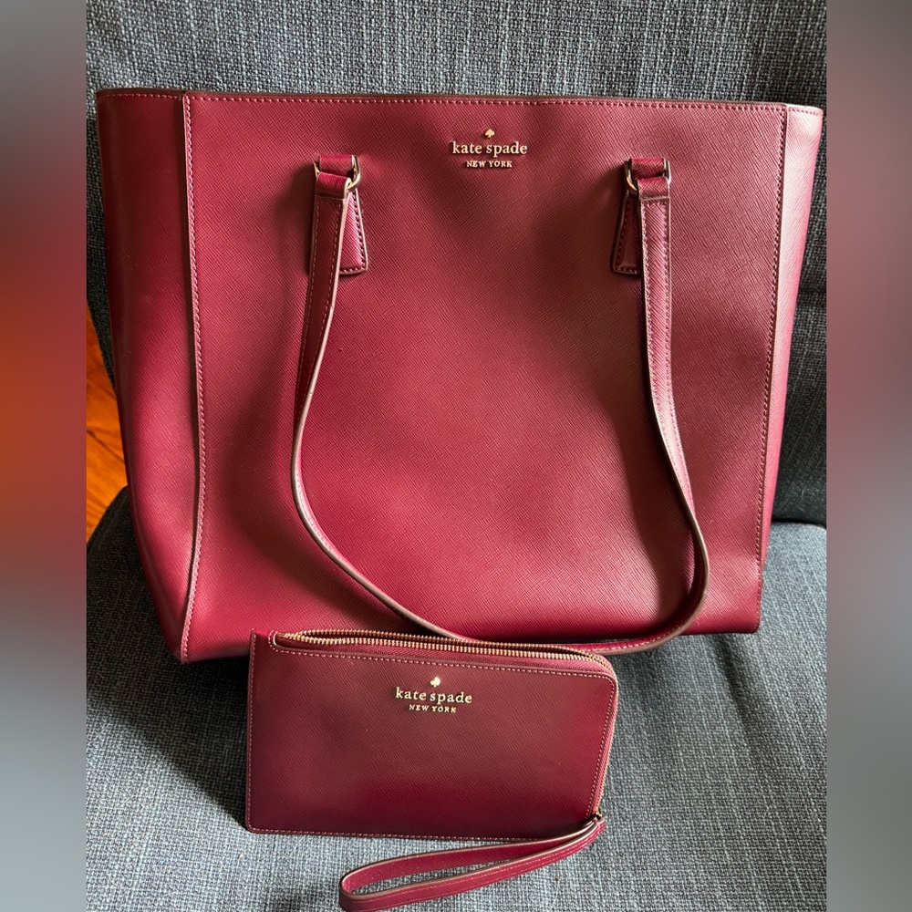 Kate Spade Burgundy Tote & Clutch Set, Saffiano Leather, Like New